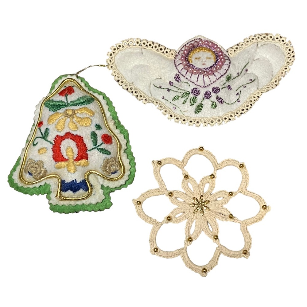 Vintage Homemade Christmas Ornaments Fabric Tree Angel & Snowflake Lot of 3